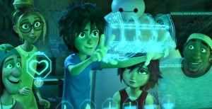 Fred, Honey Lemon, Hiro Hamada, GoGo Tomago e Wasabi con Baymax sullo sfondo in una scena di Big Hero 6