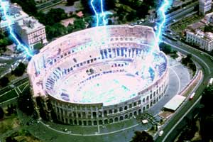 Il Colosseo al centro di un forte campo elettromagnetico in una scena di The Core