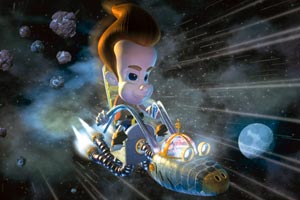 Jimmy e il suo cane-robot Goddard trasformato in astro-moto in una scena di  Jimmy Neutron - Ragazzo prodigio