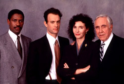 Denzel Washington, Tom Hanks, Mary Steenburgen e Jason Robards in un'immagien pubblicitaria per Philadelphia