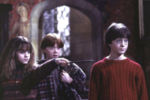 Emma Watson, Rupert Green e Daniel Radcliffe in una scena di Harry Potter e la pietra filosofale
